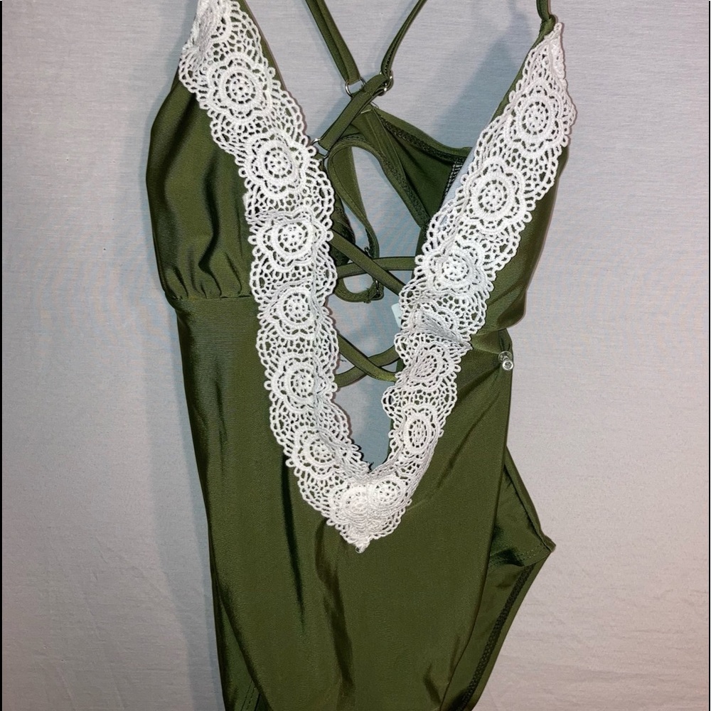 Sexy Olive & White One Piece w/ Lace Detailing